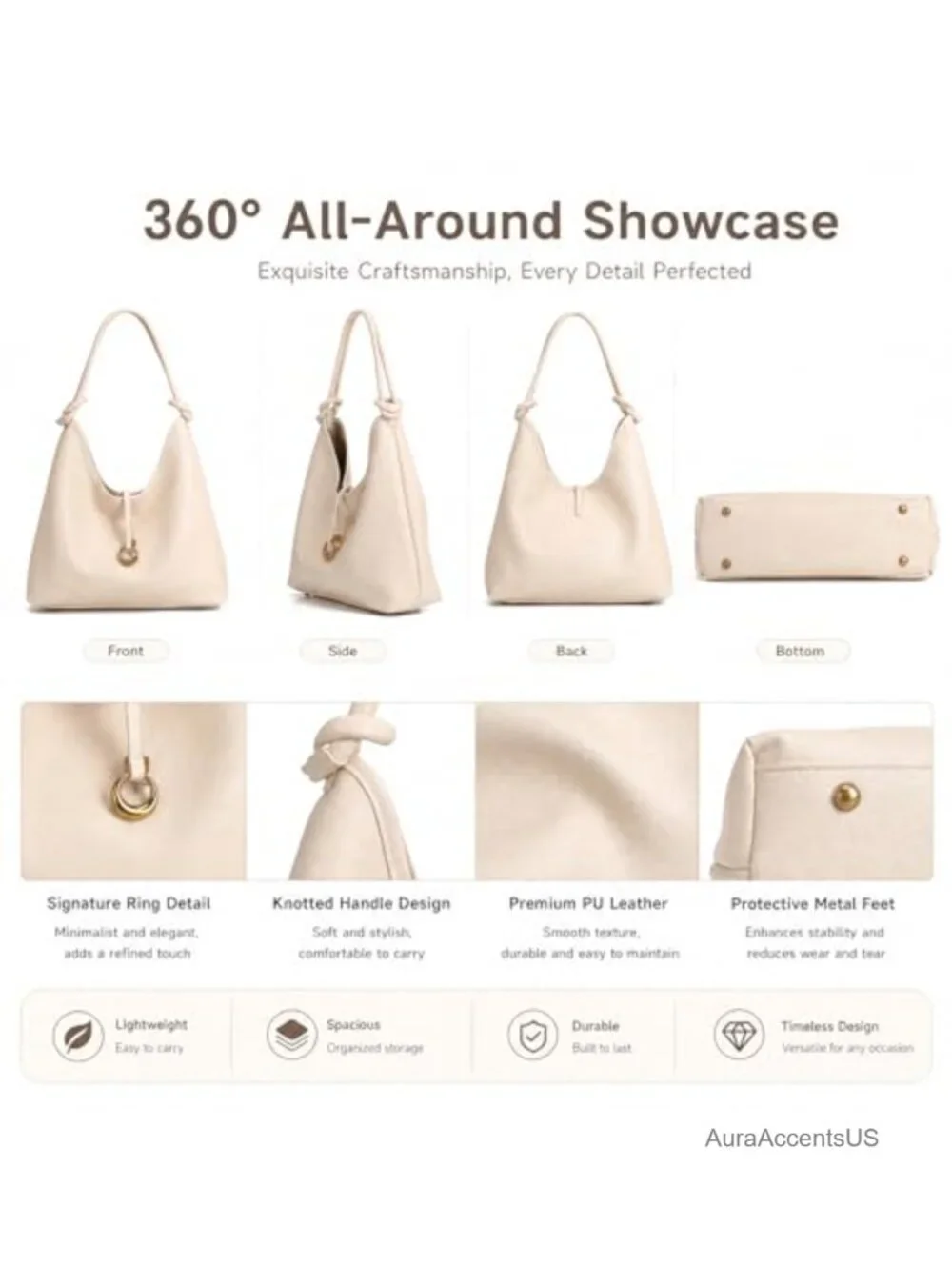 2-in-1 Hobo Tote Set with Removable Pouch Vegan PU Leather Shoulder Crossbody
